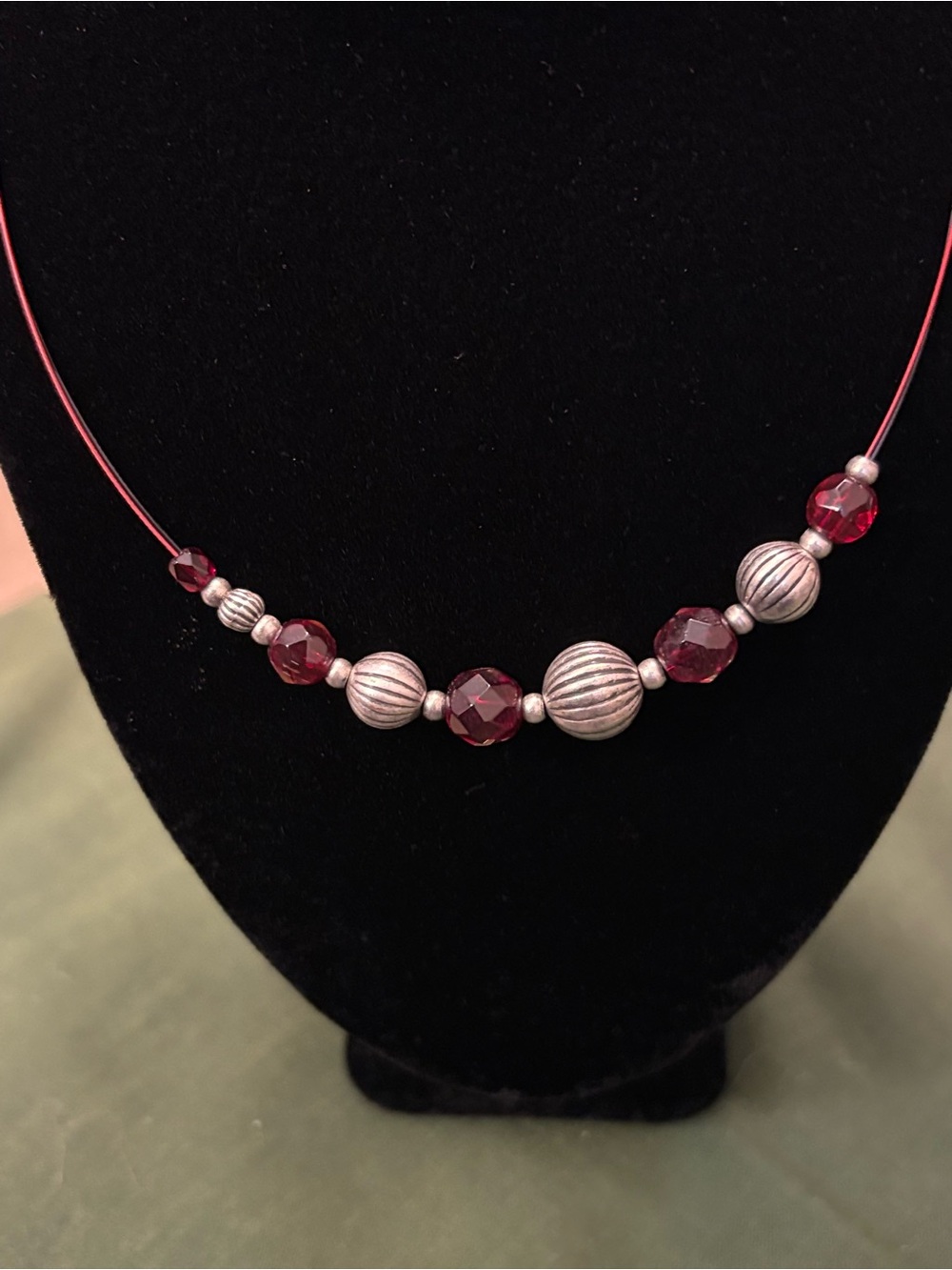Lia Sophia DeepWine Red and Silver Beaded Necklace-16”w 3” extender.